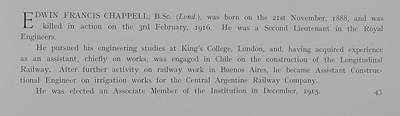 Chappell E F 2nd Lt Royal Engineers Obit