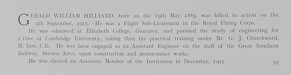 Hilliard G W Flt Sub Lt Royal Flying Corps Obit