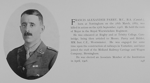 Parry F A Major MC 16th Royal Warwickshire Regiment Obit