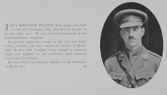 Hunter J W 2nd Lt 5th Northamptonshire Regiment Obit