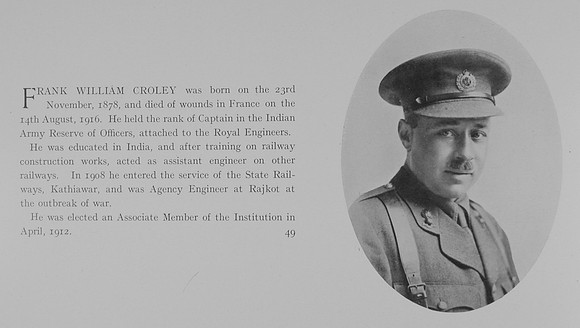 Croley F W Captain Indian Army Attd Royal Fusiliers Obit
