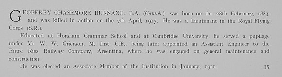 Burnand G C Lt Royal Flying Corps Obit