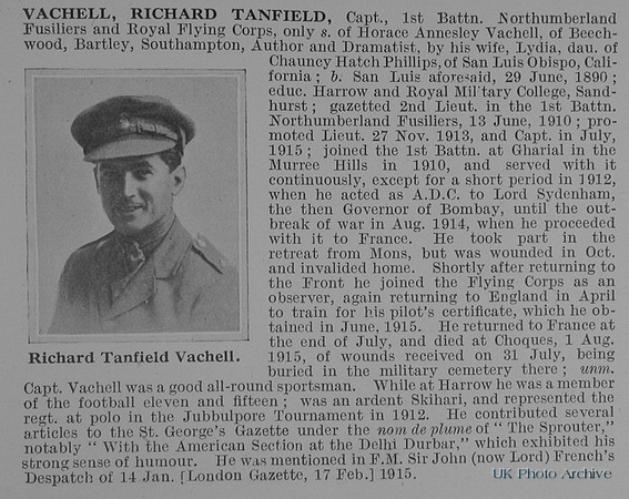 Vachell R T Captain 1st Northumberland Fusiliers Obit