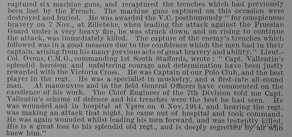 Vallentin J F Captain VC 1st South Staffordshire Regiment Obit Part 2