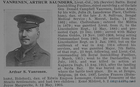 Vanrenen A S Lt Col 5th Royal Inniskilling Fusiliers Obit