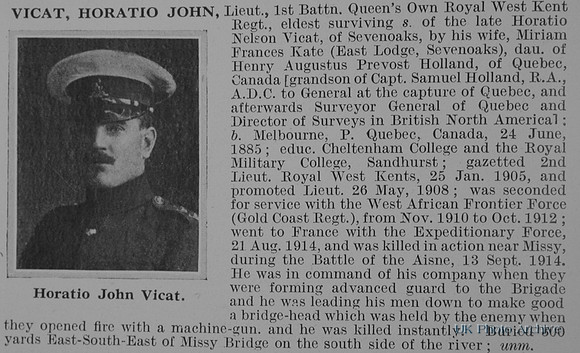 Vicat H J Lt 1st Queens Own Royal West Kent Regiment Obit