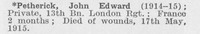 Petherick J E Pte 13th London Regiment