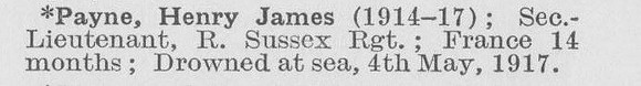 Payne H J 2nd Lt Royal Sussex Regiment