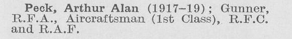 Peck A A Aircraftsman 1st Class Royal Flying Corps