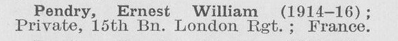 Pendry E W Pte 15th London Regiment