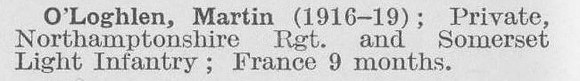 O'Loghlen M Pte Northamptonshire Regiment And Somerset Light Infantry