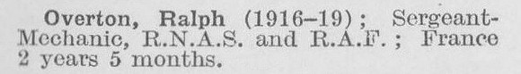 Overton R Sergt Mech Royal Naval Air Service (LCC Chief Engineers Department Central Office)