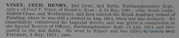 Viney C H 2nd Lt 2nd Northamptonshire Regiment
