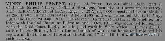 Viney P E Captain 1st Leicestershire Regiment