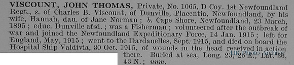 Viscount J T Pte 1065 1st Newfoundland Regiment