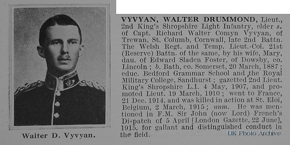 Vyvyan W D Lt 2nd Kings Shropshire Light Infantry Obit