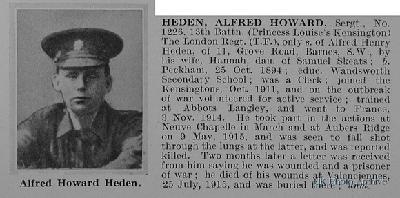 Heden A H Sergt 1226 13th London Regiment Obit