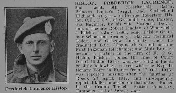 Hislop F L 2nd Lt 6th Argyll & Sutherland Highlanders Obit De Ruvignys Roll Of Honour Vol 3