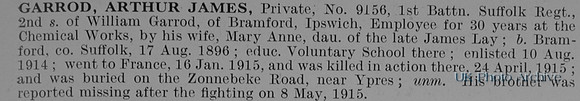 Garrod A J Pte 9156 1st Suffolk Regiment Obit