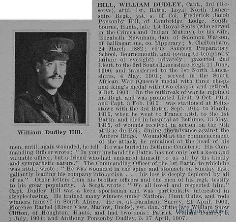 Hill W D Captain 1st Loyal North Lancs Regiment Obit