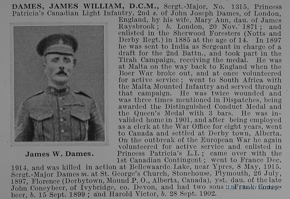 Dames J W Sergt Maj DCM 1315 Princess Patricias Canadian Light Infantry Obit