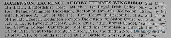 Dickenson L A F W 2nd Lt 4th Bedfordshire Regiment Obit