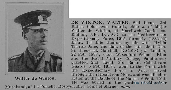 De Winton W 2nd Lt 3rd Coldstream Guards Obit