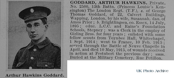 Goddard A H Pte 2500 13th London Regiment Obit