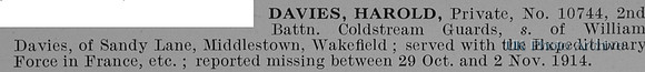 Davies H Pte 10744 2nd Coldstream Guards Obit