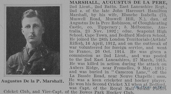 Marshall A de la P 2nd Lt 2nd East Lancs Regiment Obit
