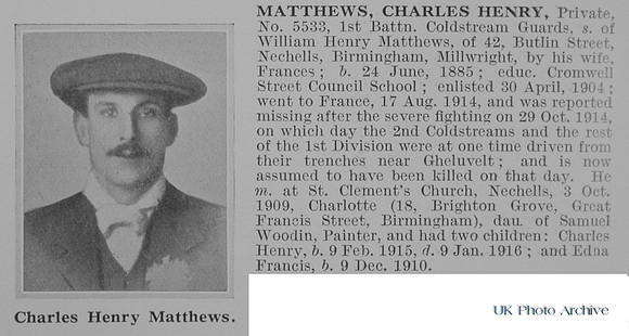Matthews C H Pte 5533 1st Coldstream Guards Obit