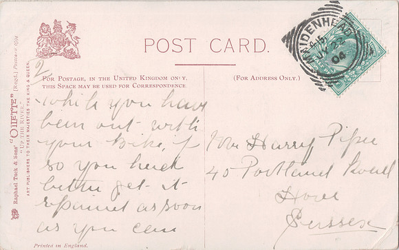 Postcard To Harry Piper 40 Portland Road Hove Sussex In 1904. Maidenhead Squared Circle Postmark