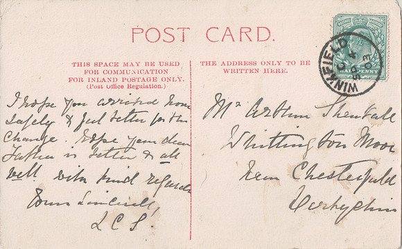 Postcard To Arthur Shentall Whittington Moore Near Chesterfield Derbyshire 1903
