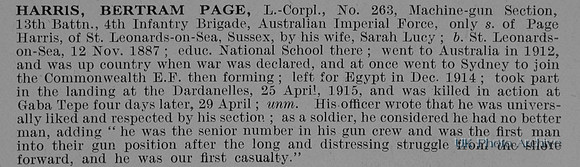 Harris B P L/Cpl 263 13th Australian Imperial Force Obit