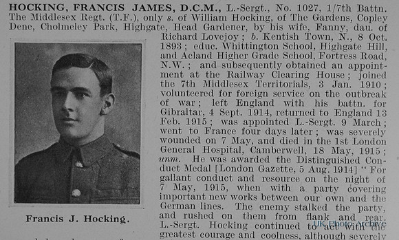 Hocking F J L/Sergt DCM 1027 7th Middlesex Regiment Obit Part 1