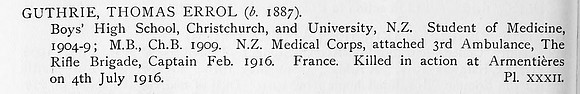 Guthrie T E Captain New Zealand Medical Corps Obit
