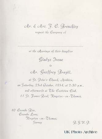 Wedding Of Gladys Brenchley And Geoffrey Brazill Invatation