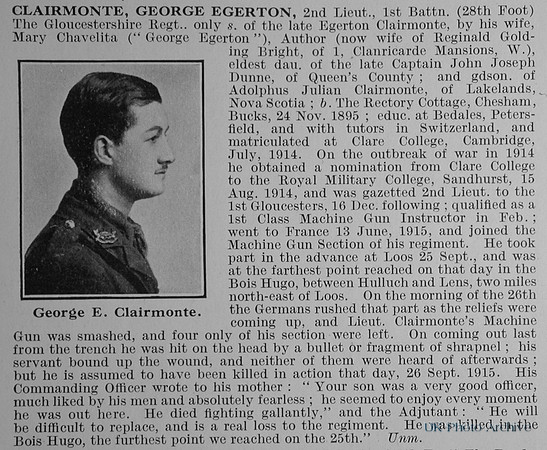 Clairmonte G E 2nd Lt 1st Gloucestershire Regiment Obit
