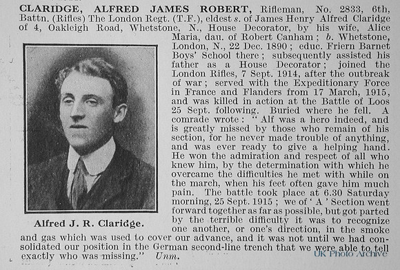 Claridge A J R Rfn 2833 6th London Regiment Obit