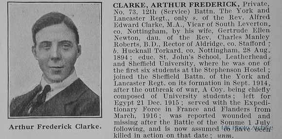 Clarke A F Pte 73 12th York And Lancs Regiment Obit