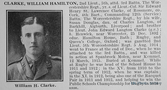 Clarke W H 2nd Lt 5th Attd 3rd Worcestershire Regiment Obit