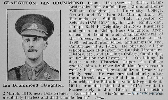 Claughton I D Lt 11th Suffolk Regiment Obit
