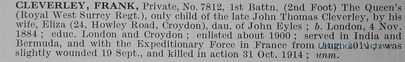 Cleverley F Pte 7812 1st Queens Royal West Surrey Regiment Obit