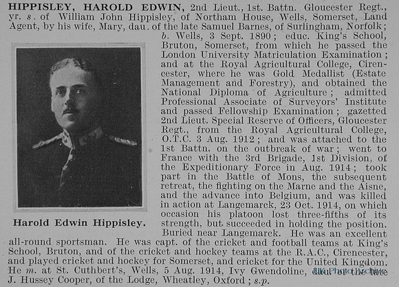Hippisley H E 2nd Lt 1st Gloucestershire Regiment Obit