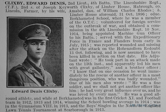 Clixby E D 2nd Lt 4th Lincolnshire Regiment Obit