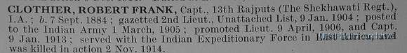 Clothier E F Captain Indian Army Obit