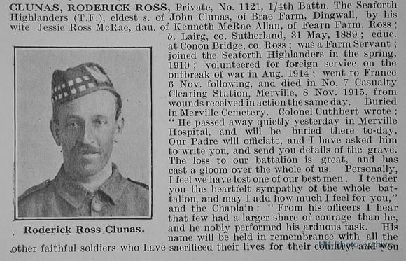 Clunas R R Pte 1121 4th Seaforth Highlanders Obit Part 1