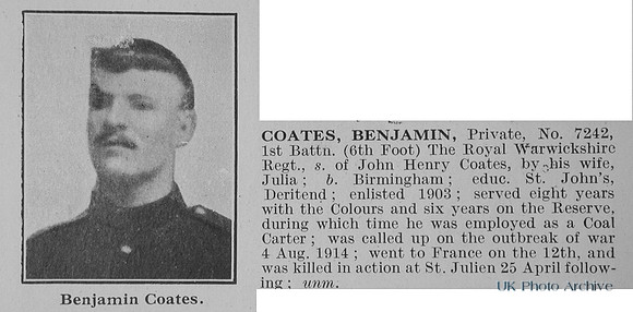 Coates B Pte 7242 1st Royal Warwickshire Regiment Obit