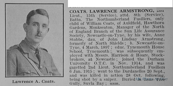 Coats L A 2nd Lt 15th Attd 8th Northumberland Fusiliers Obit