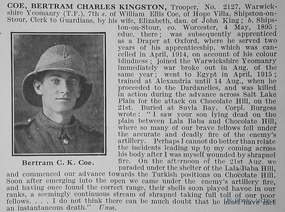 Coe B C K Tpr 2127 Warwickshire Yeomanry Obit
